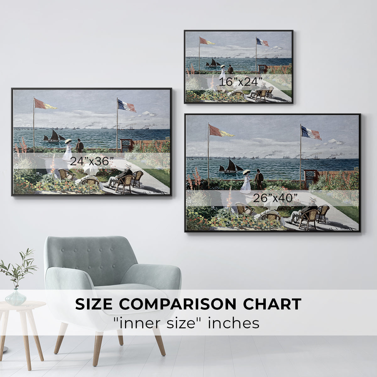 Size comparison chart for black floater framed canvas featuring Garden at Sainte-Adresse, 1867 by Claude Monet.