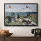Garden at Sainte-Adresse, 1867 by Claude Monet in a black floater framed canvas displayed above a console table in a hallway, featuring a landscaped terrace with figures and flags near shoreline.