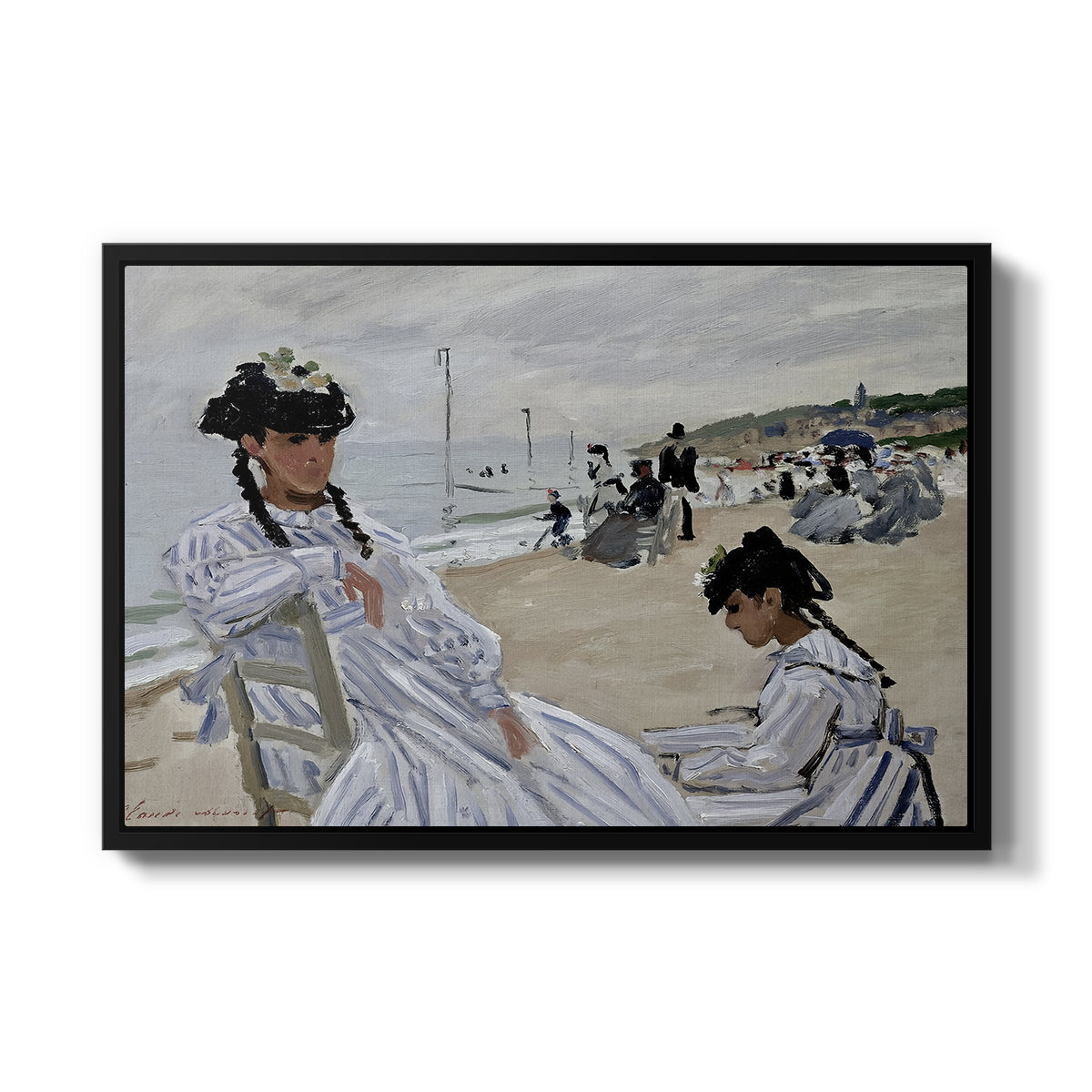 On the Beach at Trouville, 1870 by Claude Monet in a black floater framed canvas wall art display.