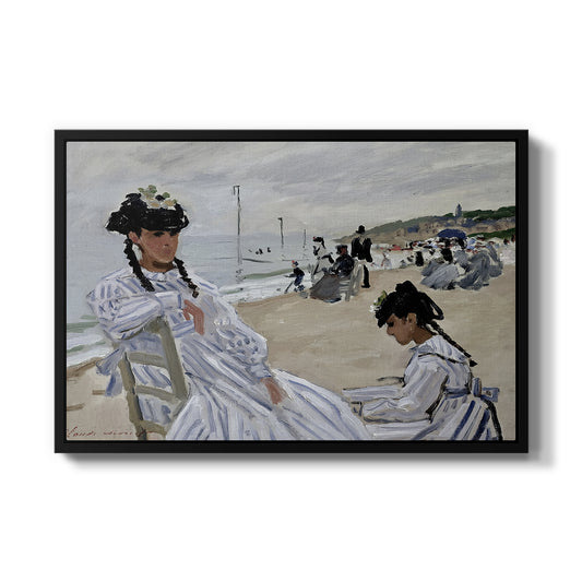 On the Beach at Trouville, 1870 by Claude Monet in a black floater framed canvas wall art display.