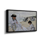 Angled view of On the Beach at Trouville, 1870 by Claude Monet in a black floater framed canvas.