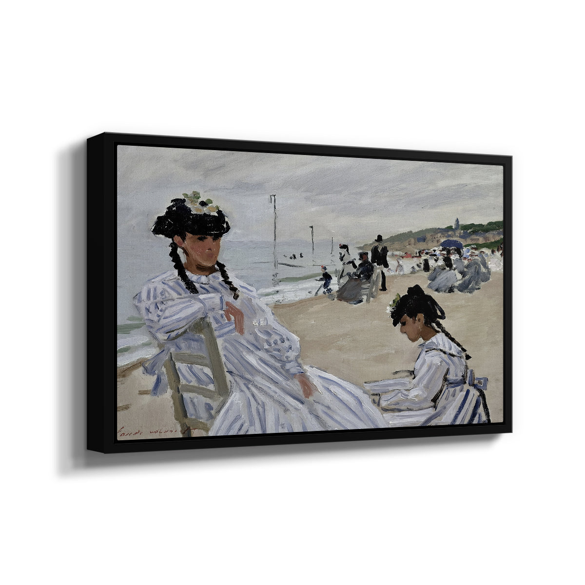 Angled view of On the Beach at Trouville, 1870 by Claude Monet in a black floater framed canvas.