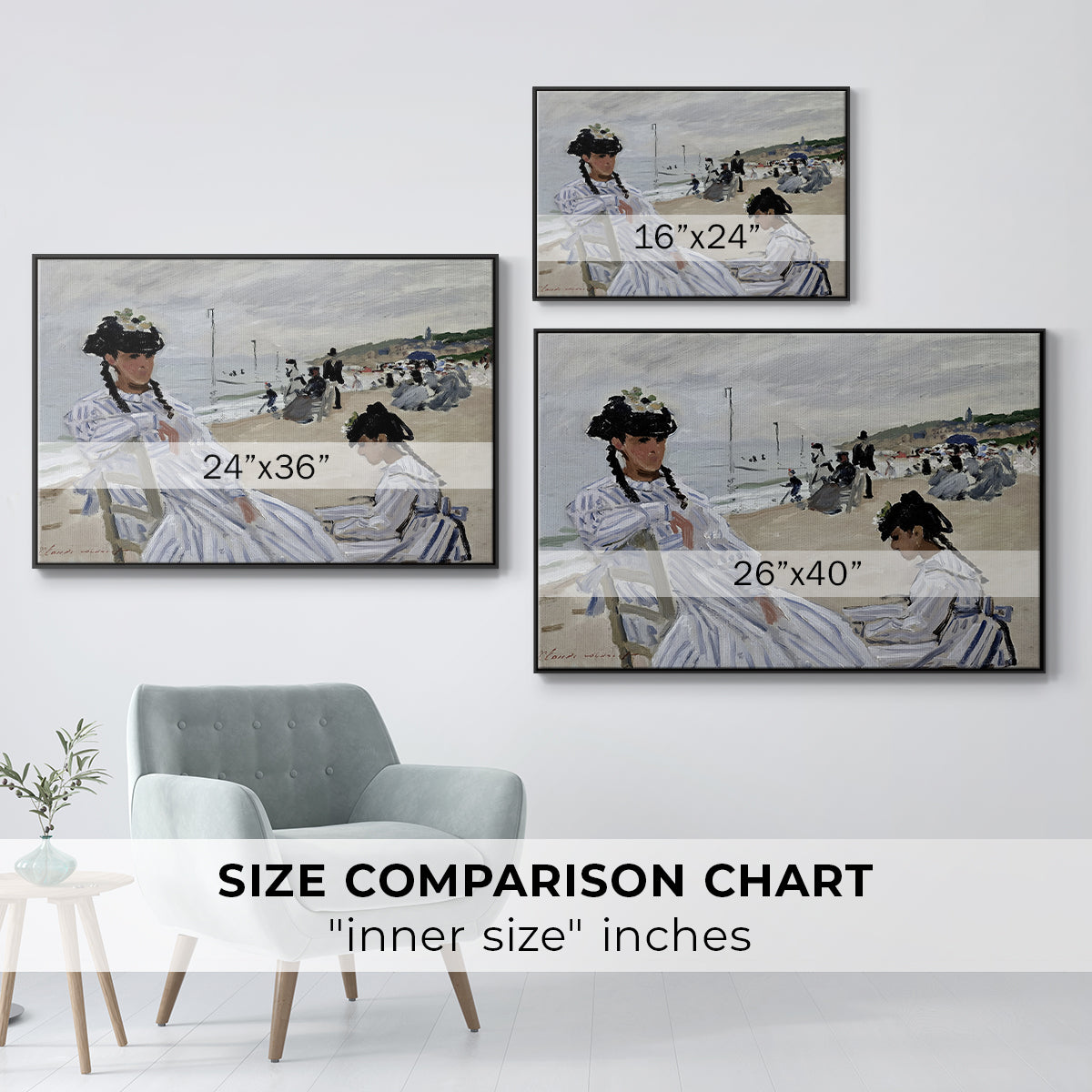 Size comparison chart for black floater framed canvas featuring On the Beach at Trouville, 1870 by Claude Monet.