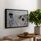 On the Beach at Trouville, 1870 by Claude Monet, presented in a black floater framed canvas featuring figures seated on beach with parasols facing the ocean, displayed above a hallway console table.