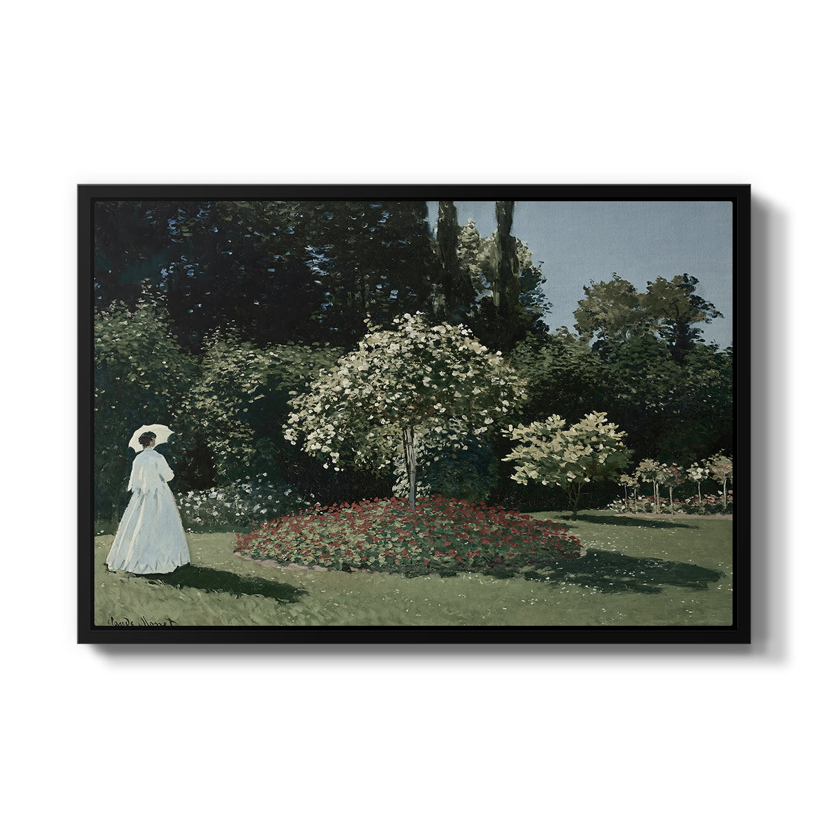 Woman in the Garden, Sainte-Adresse, 1867 by Claude Monet in a black floater framed canvas wall art display.