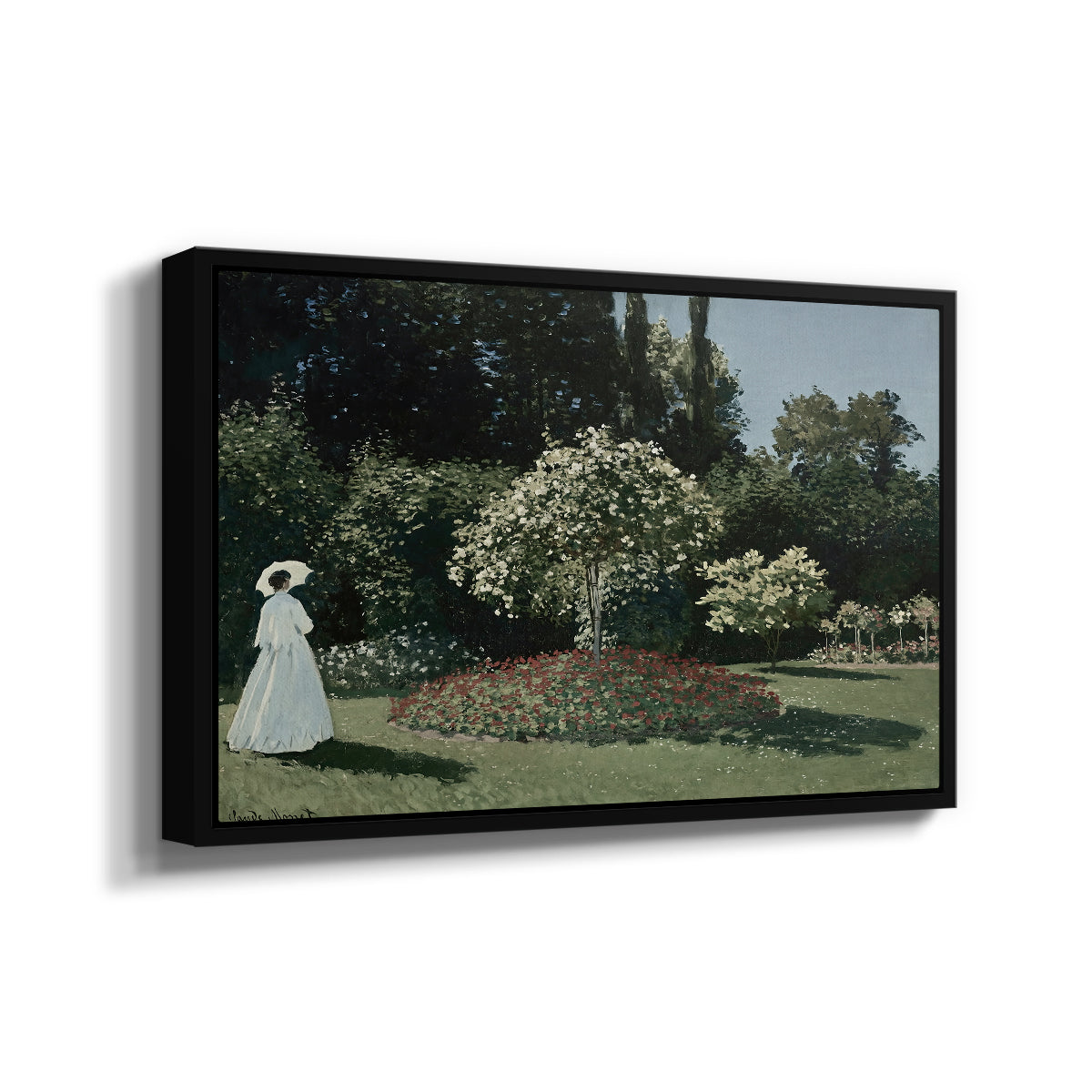 Angled view of Woman in the Garden, Sainte-Adresse, 1867 by Claude Monet in a black floater framed canvas.