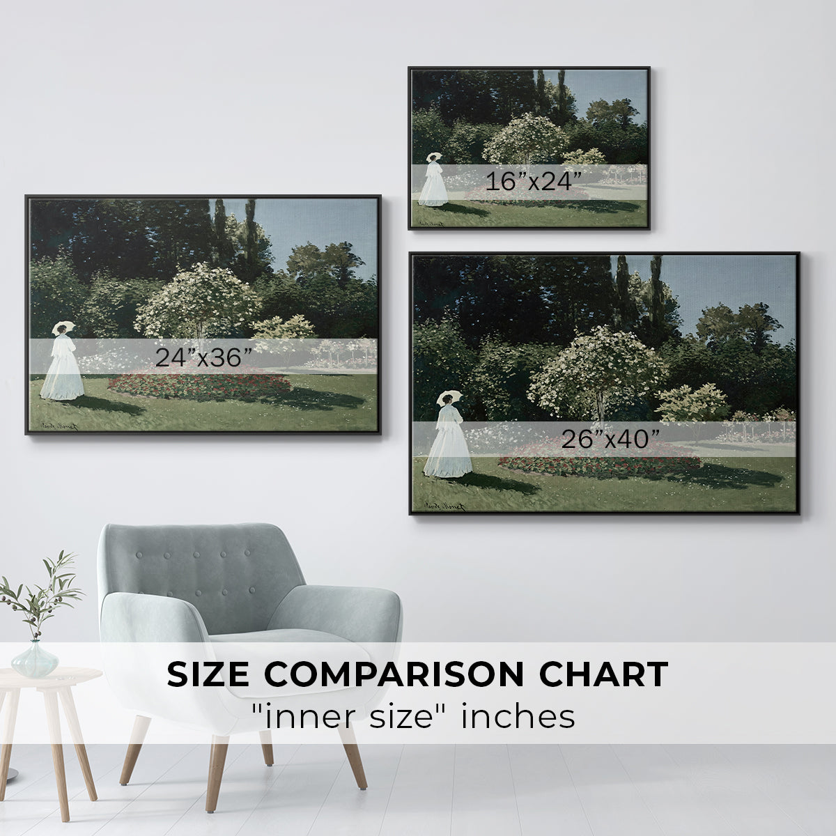 Size comparison chart for black floater framed canvas featuring Woman in the Garden, Sainte-Adresse, 1867 by Claude Monet.