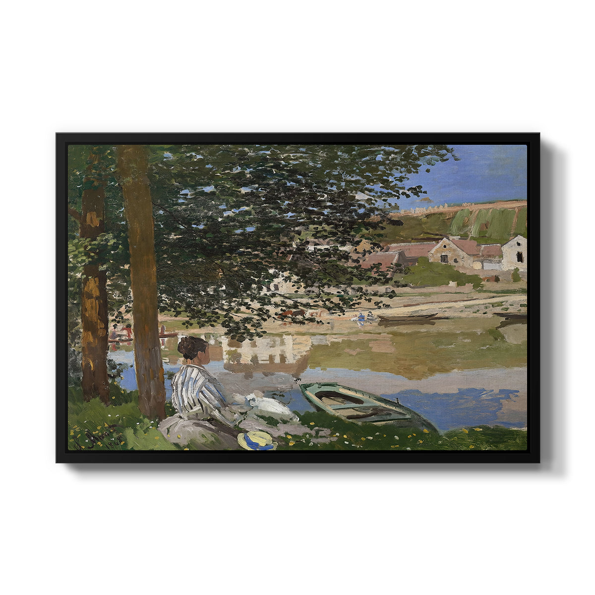 On the Bank of the Seine, Bennecourt, 1868 by Claude Monet in a black floater framed canvas wall art display.