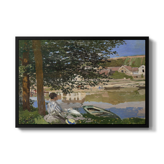 On the Bank of the Seine, Bennecourt, 1868 by Claude Monet in a black floater framed canvas wall art display.