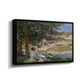 Angled view of On the Bank of the Seine, Bennecourt, 1868 by Claude Monet in a black floater framed canvas.