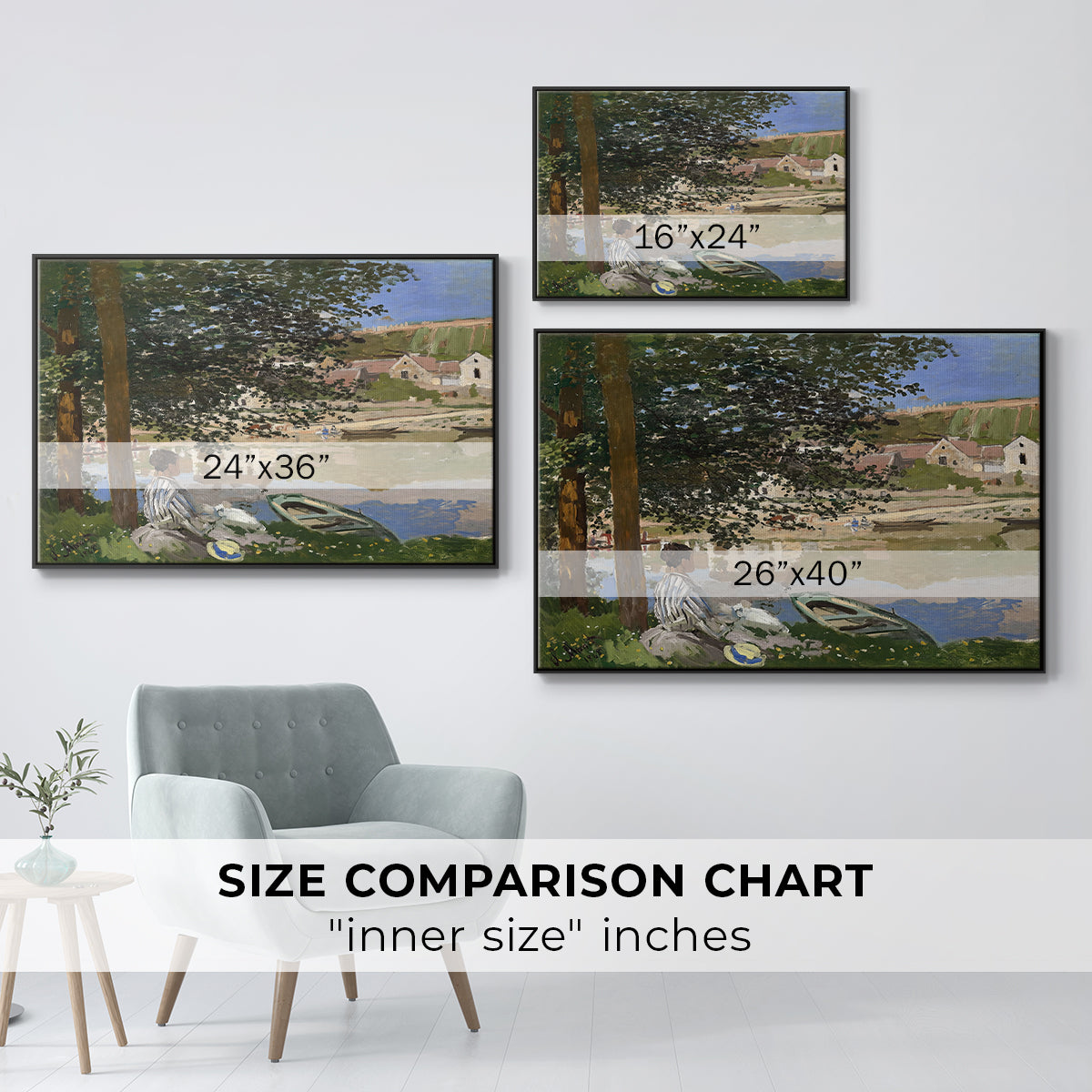 Size comparison chart for black floater framed canvas featuring On the Bank of the Seine, Bennecourt, 1868 by Claude Monet.