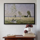 Black floater framed canvas featuring Summer (L'ete), 1874 by Claude Monet above an entryway table in a minimalist foyer.