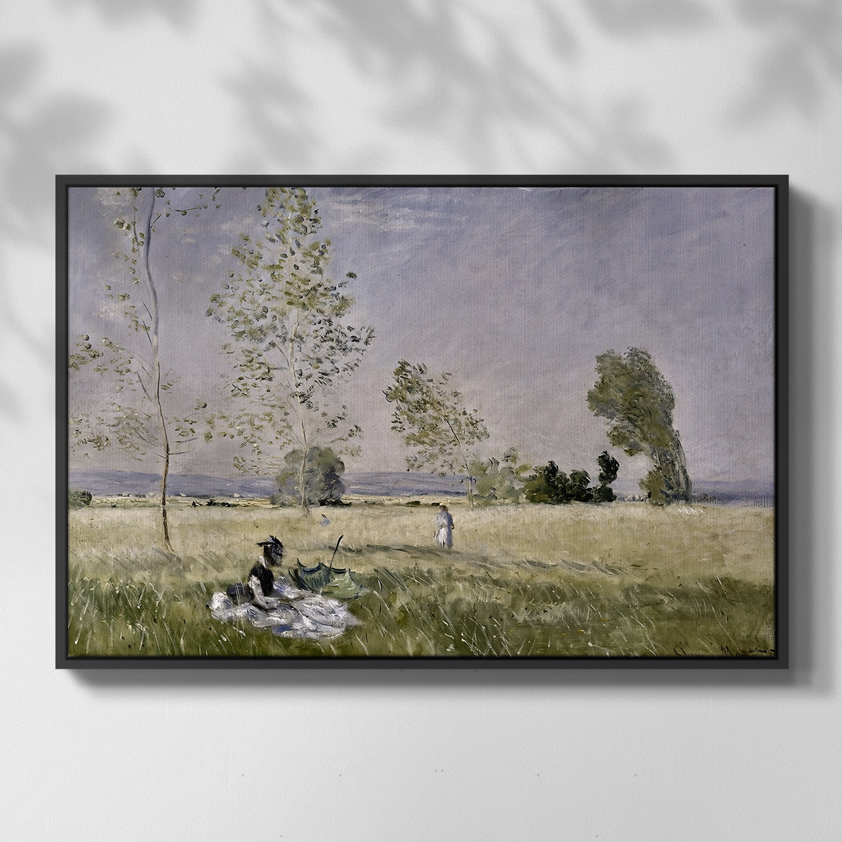 Front view of Summer (L'ete), 1874 by Claude Monet in a black floater framed canvas.