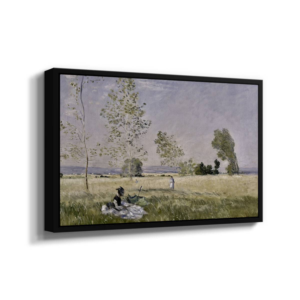 Angled view of Summer (L'ete), 1874 by Claude Monet in a black floater framed canvas.