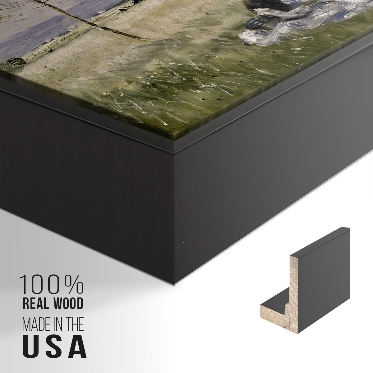 Close-up of the black floater frame corner and gallery wrapped canvas construction.