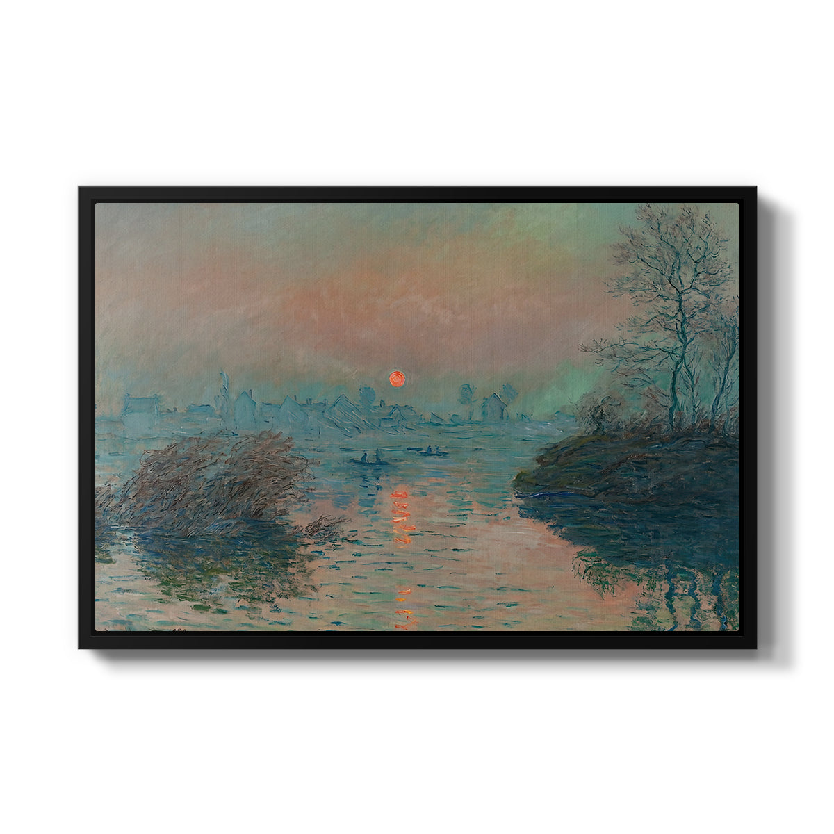 Sunset on the Seine at Lavacourt, Winter Effect, 1880 by Claude Monet in a black floater framed canvas wall art display.