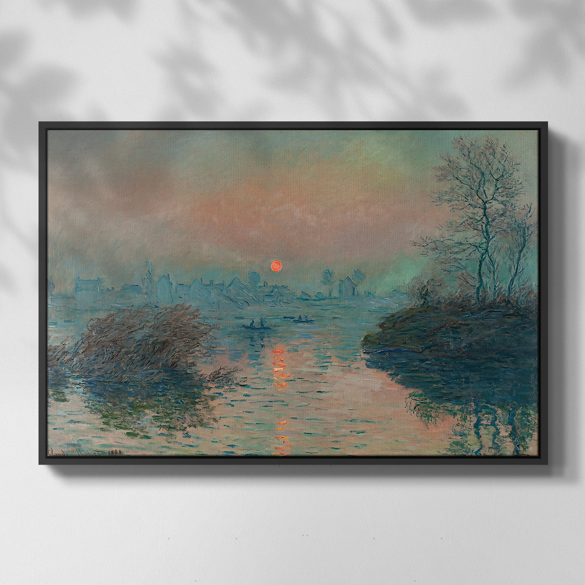 Front view of Sunset on the Seine at Lavacourt, Winter Effect, 1880 by Claude Monet in a black floater framed canvas.