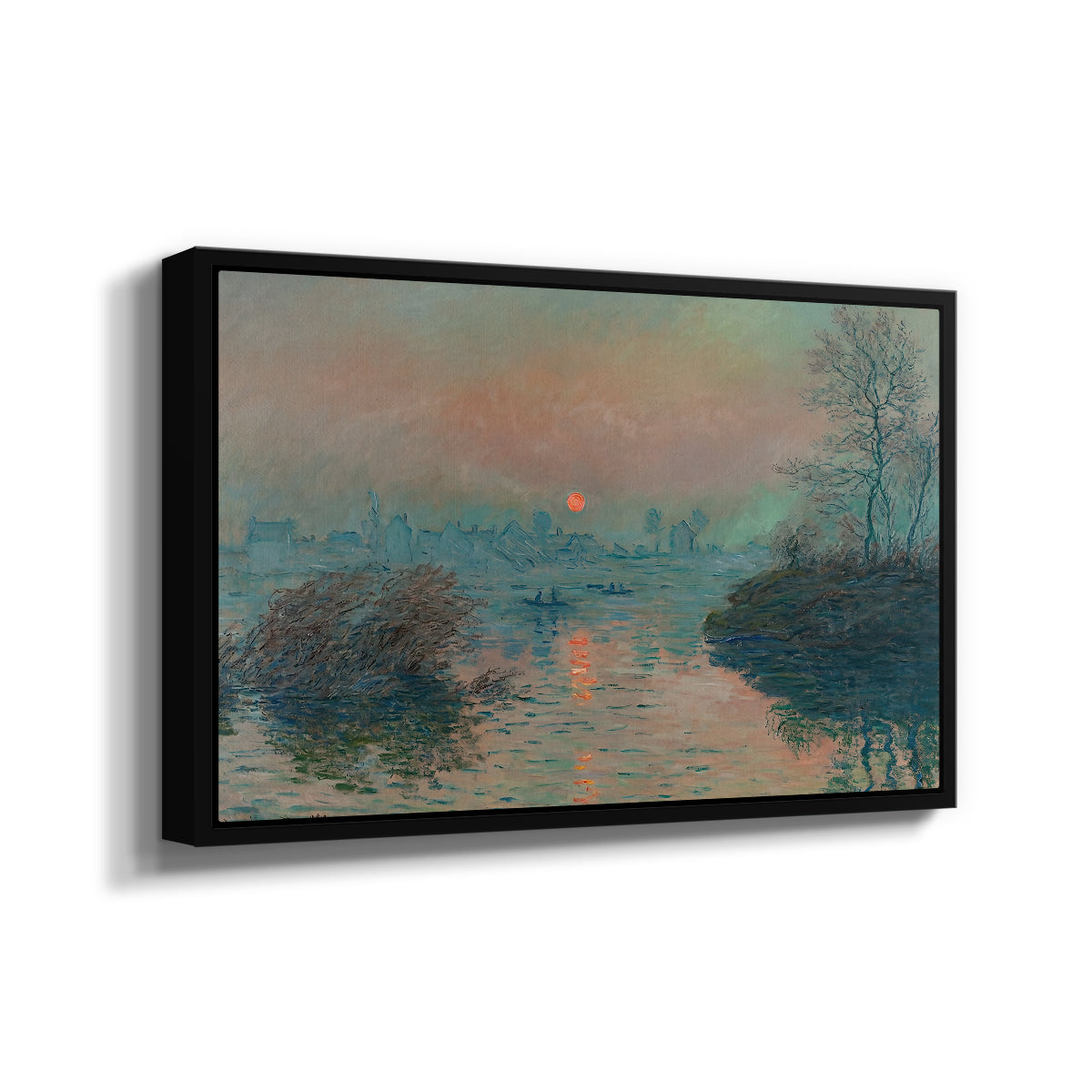 Angled view of Sunset on the Seine at Lavacourt, Winter Effect, 1880 by Claude Monet in a black floater framed canvas.