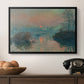 Sunset on the Seine at Lavacourt, Winter Effect, 1880 by Claude Monet in a black floater framed canvas displayed above a console table in a hallway, featuring an atmospheric landscape combining cold tones and warm sky.