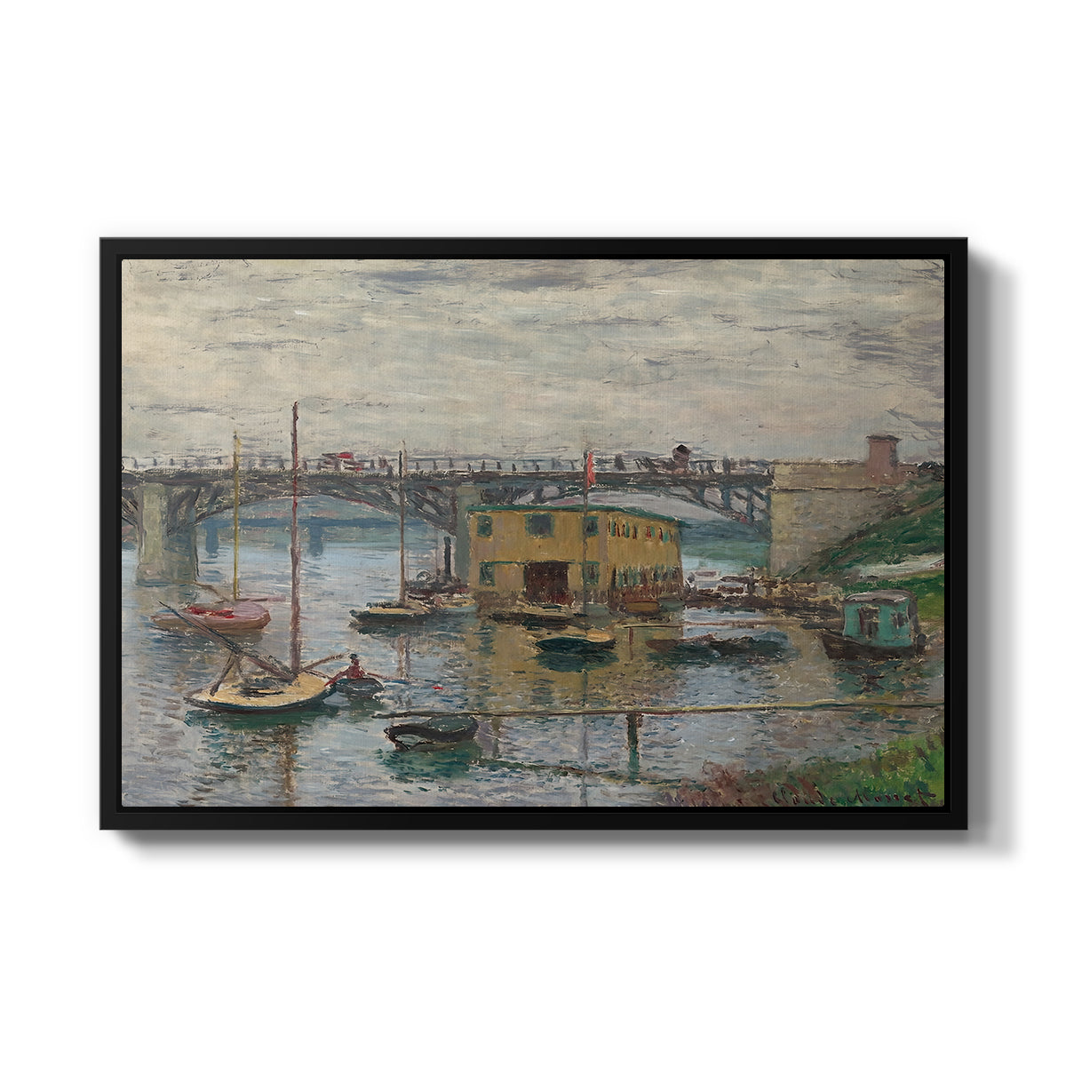 Bridge at Argenteuil on a Gray Day, c. 1876 by Claude Monet in a black floater framed canvas wall art display.