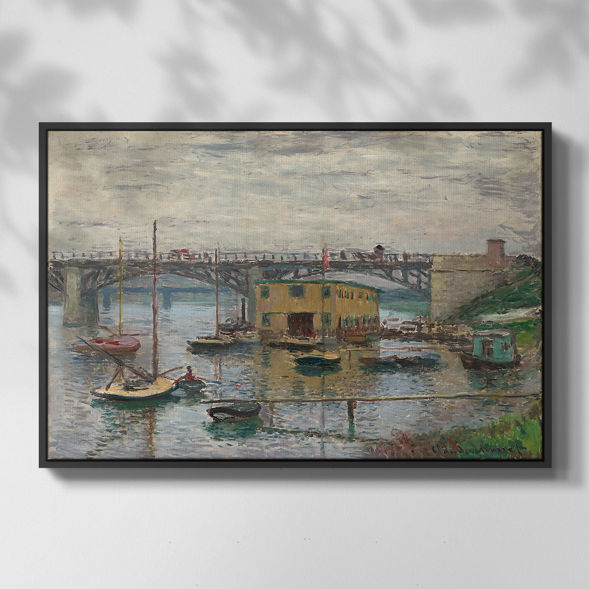 Front view of Bridge at Argenteuil on a Gray Day, c. 1876 by Claude Monet in a black floater framed canvas.