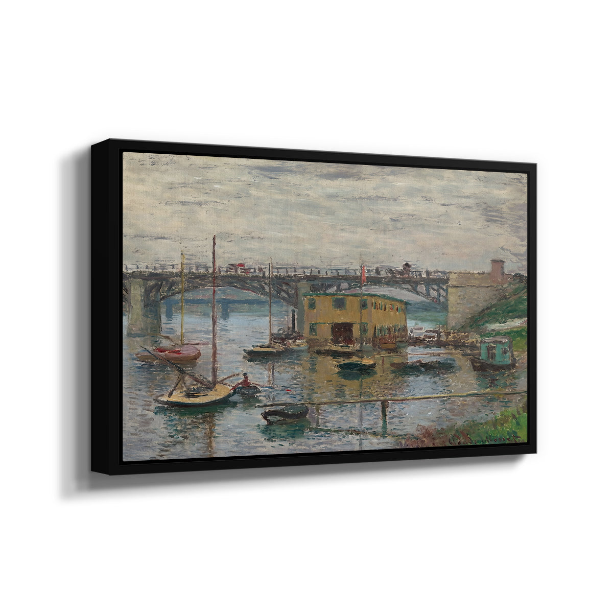 Angled view of Bridge at Argenteuil on a Gray Day, c. 1876 by Claude Monet in a black floater framed canvas.