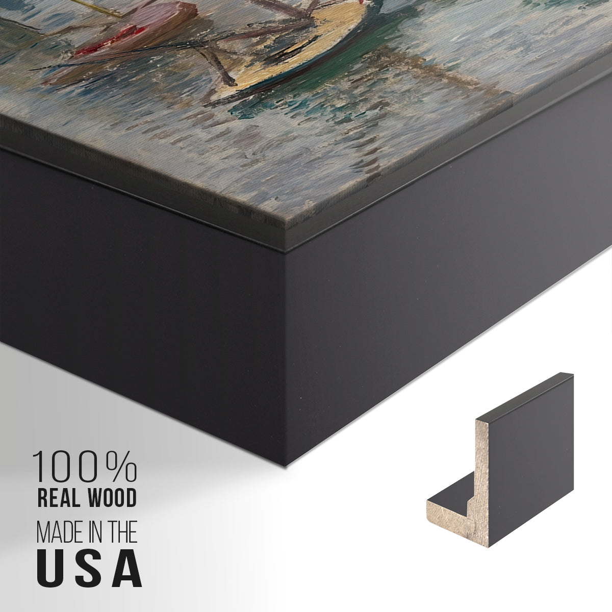 Close-up of the black floater frame corner and gallery wrapped canvas construction.