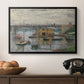 Bridge at Argenteuil on a Gray Day, c. 1876 by Claude Monet in a black floater framed canvas displayed above a console table in a hallway, featuring a subdued urban landscape with structure spanning river.