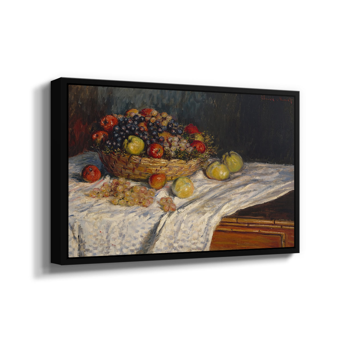 Angled view of Still Life with Apples and Grapes, 1880 by Claude Monet in a black floater framed canvas.