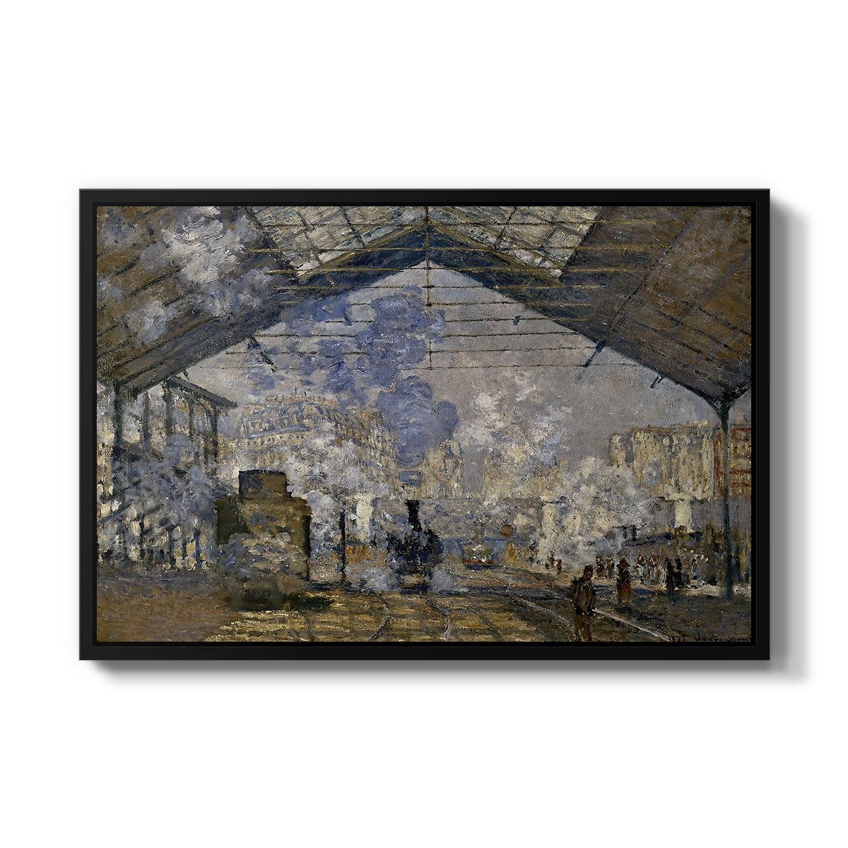 The Gare Saint-Lazare, 1877 by Claude Monet in a black floater framed canvas wall art display.