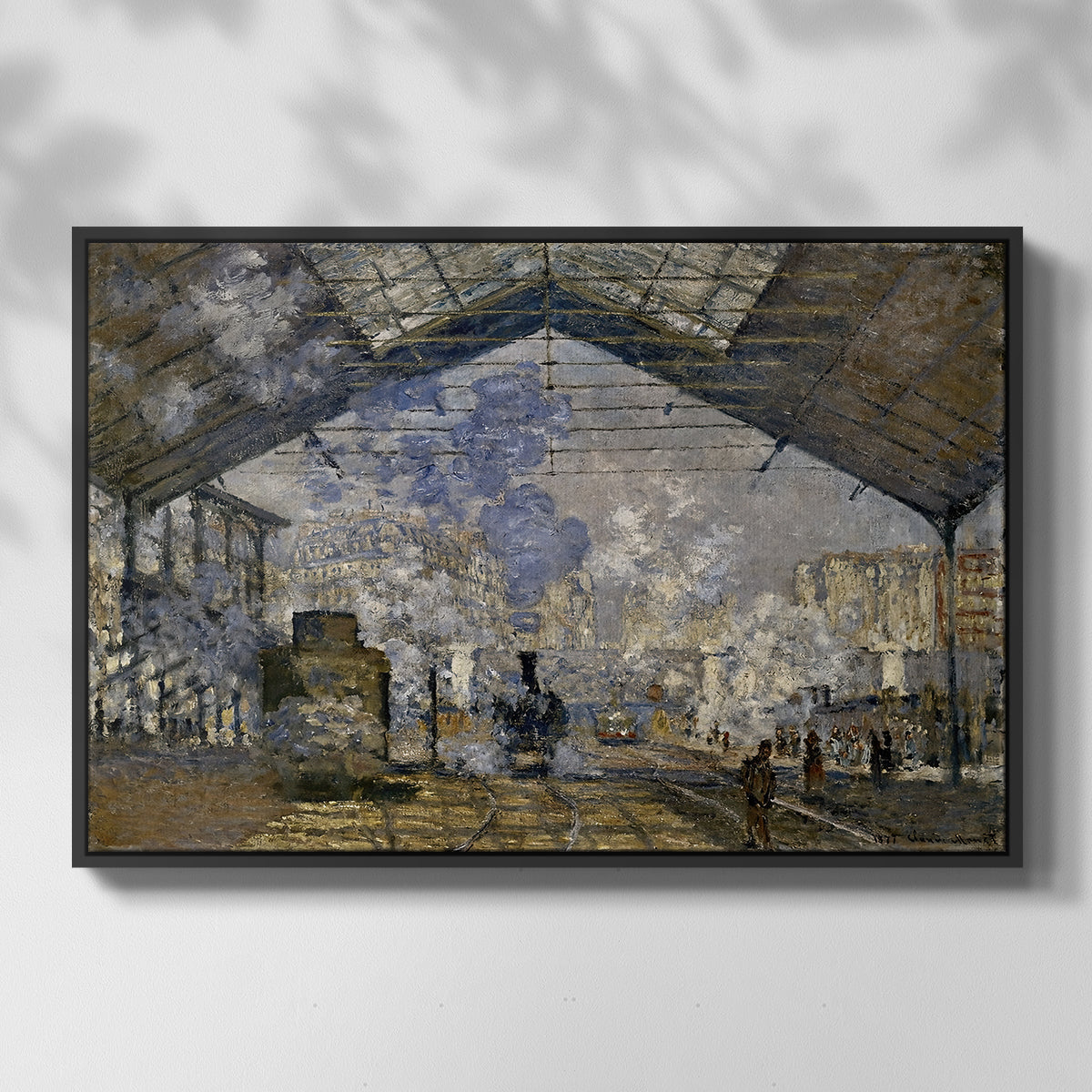 Front view of The Gare Saint-Lazare, 1877 by Claude Monet in a black floater framed canvas.