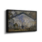Angled view of The Gare Saint-Lazare, 1877 by Claude Monet in a black floater framed canvas.