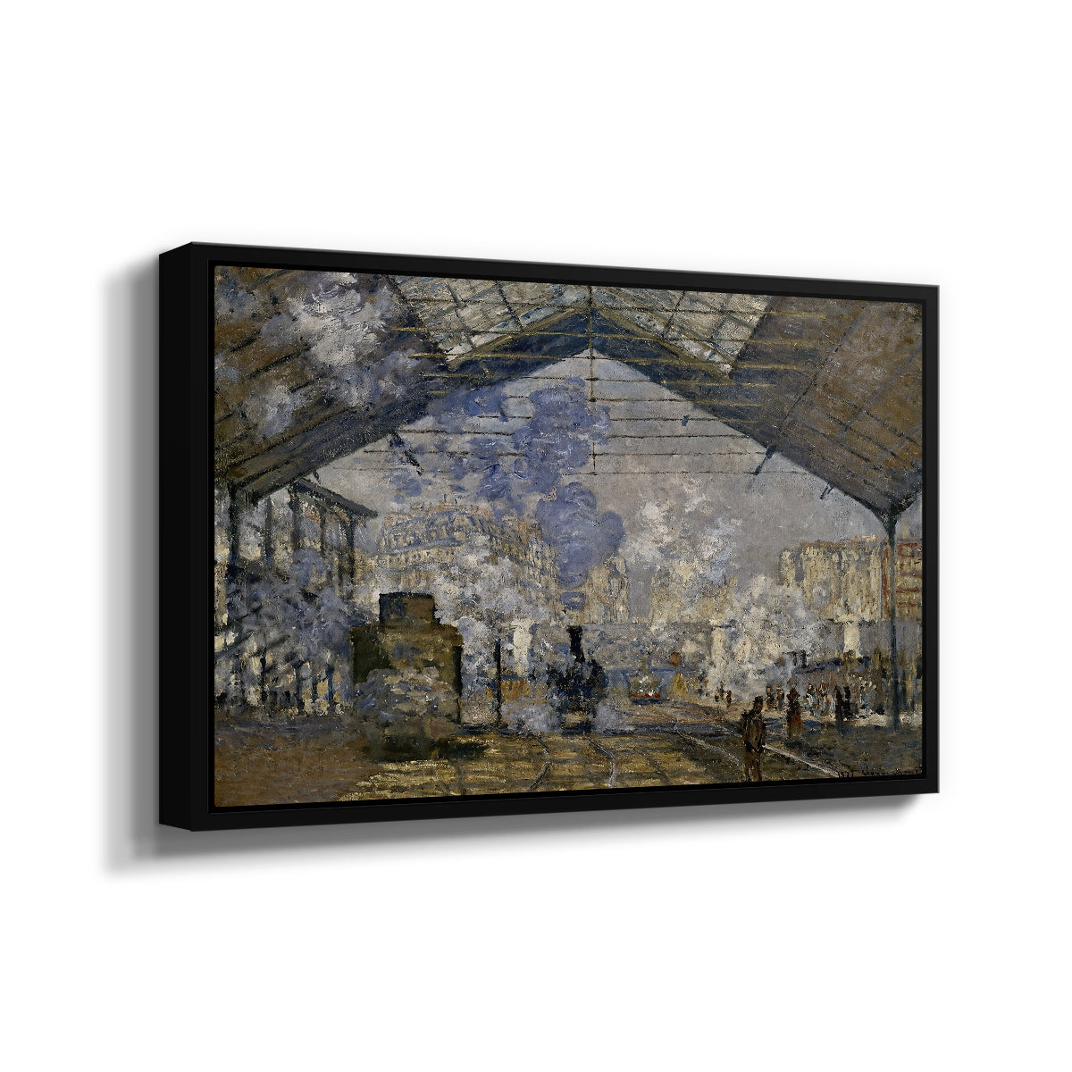Angled view of The Gare Saint-Lazare, 1877 by Claude Monet in a black floater framed canvas.