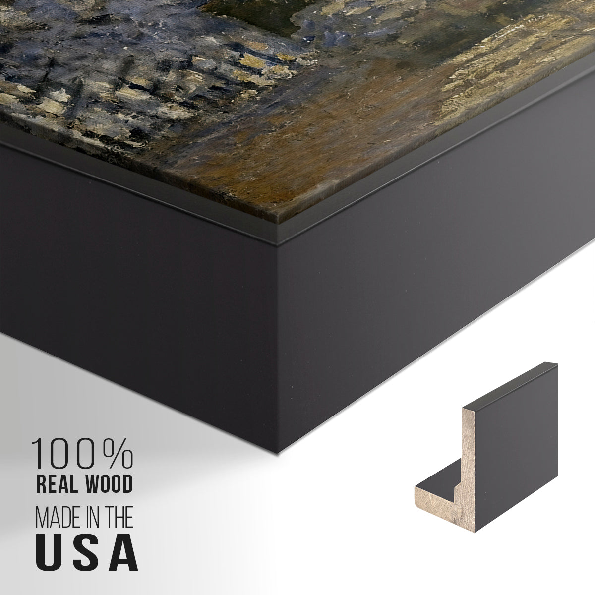 Close-up of the black floater frame corner and gallery wrapped canvas construction.