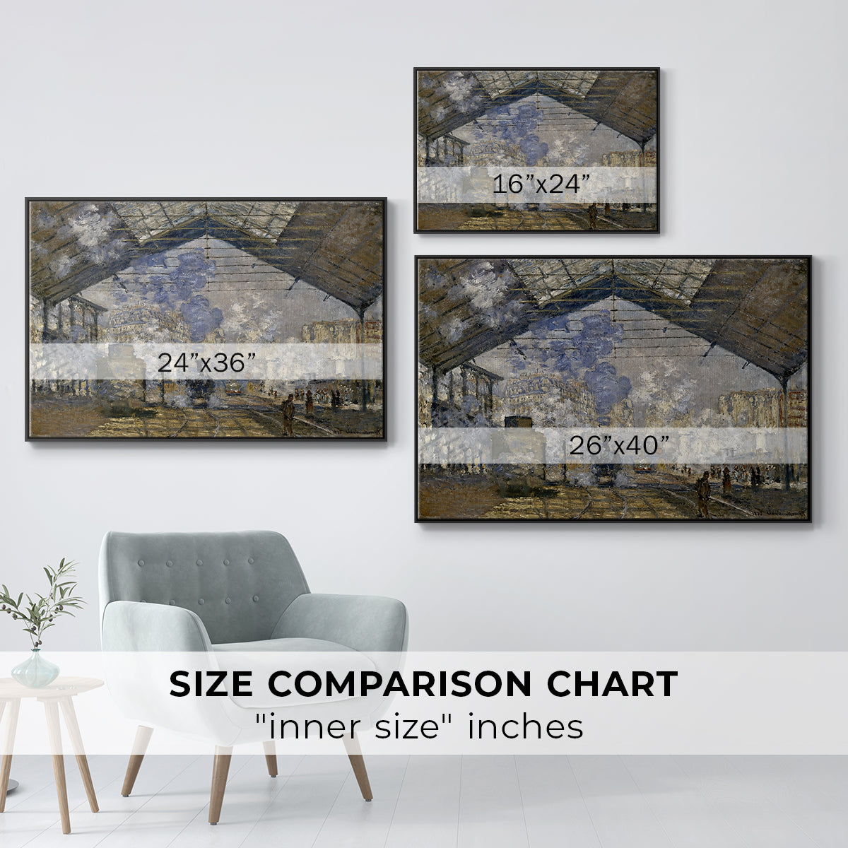 Size comparison chart for black floater framed canvas featuring The Gare Saint-Lazare, 1877 by Claude Monet.