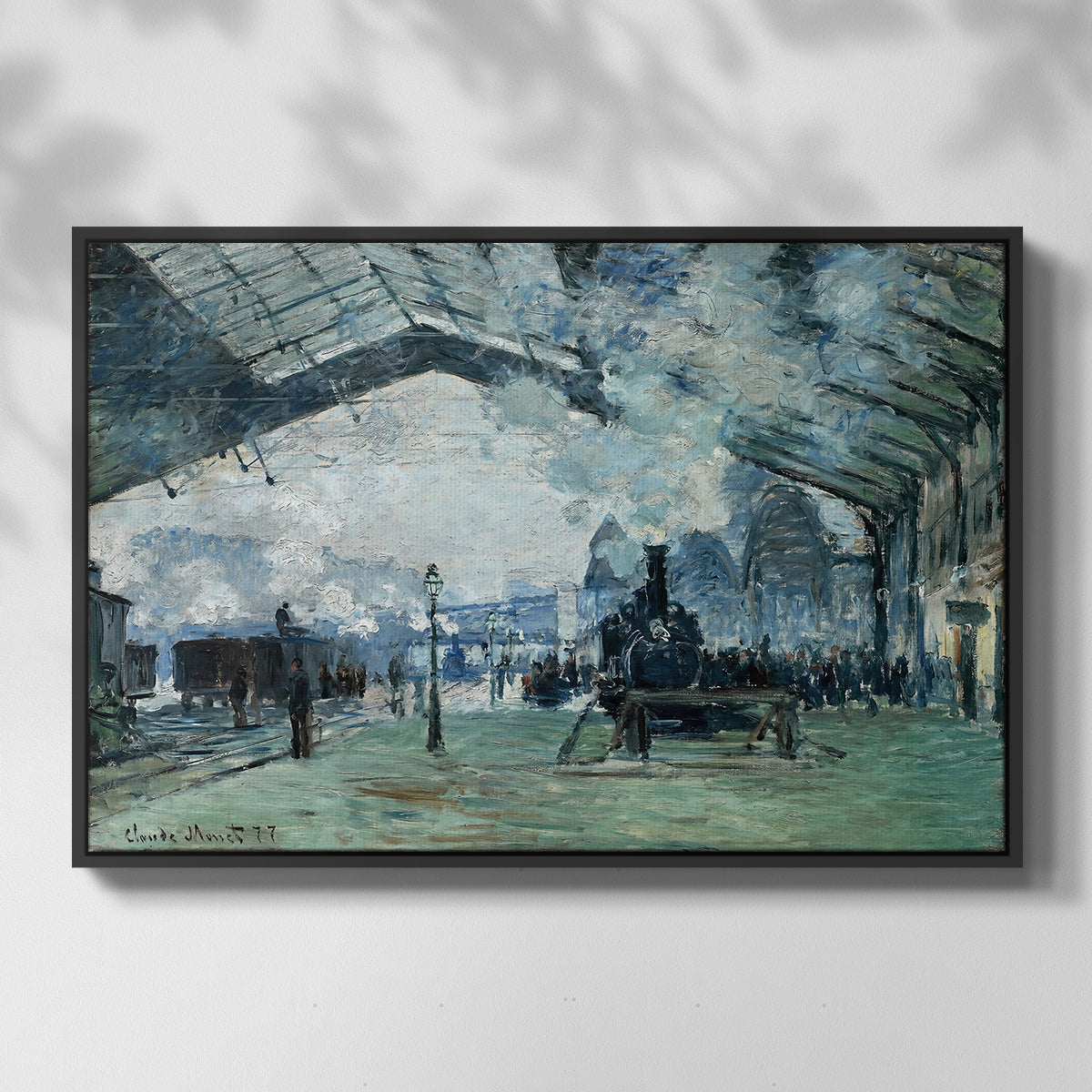 Front view of The Saint-Lazare Station, 1877 by Claude Monet in a black floater framed canvas.