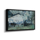 Angled view of The Saint-Lazare Station, 1877 by Claude Monet in a black floater framed canvas.