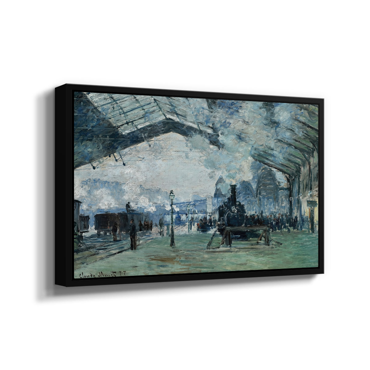 Angled view of The Saint-Lazare Station, 1877 by Claude Monet in a black floater framed canvas.