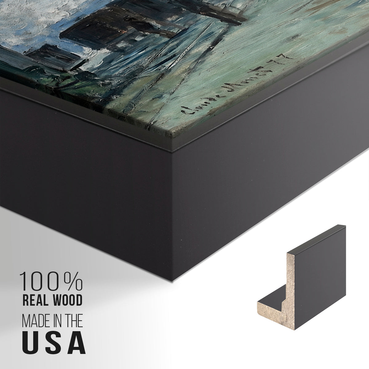 Close-up of the black floater frame corner and gallery wrapped canvas construction.