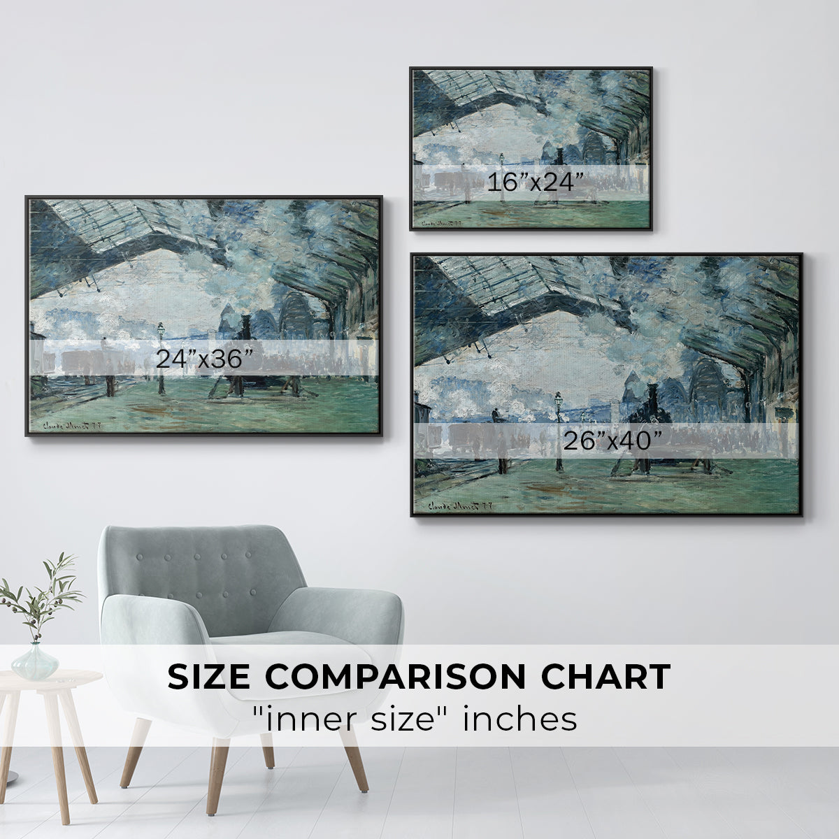 Size comparison chart for black floater framed canvas featuring The Saint-Lazare Station, 1877 by Claude Monet.