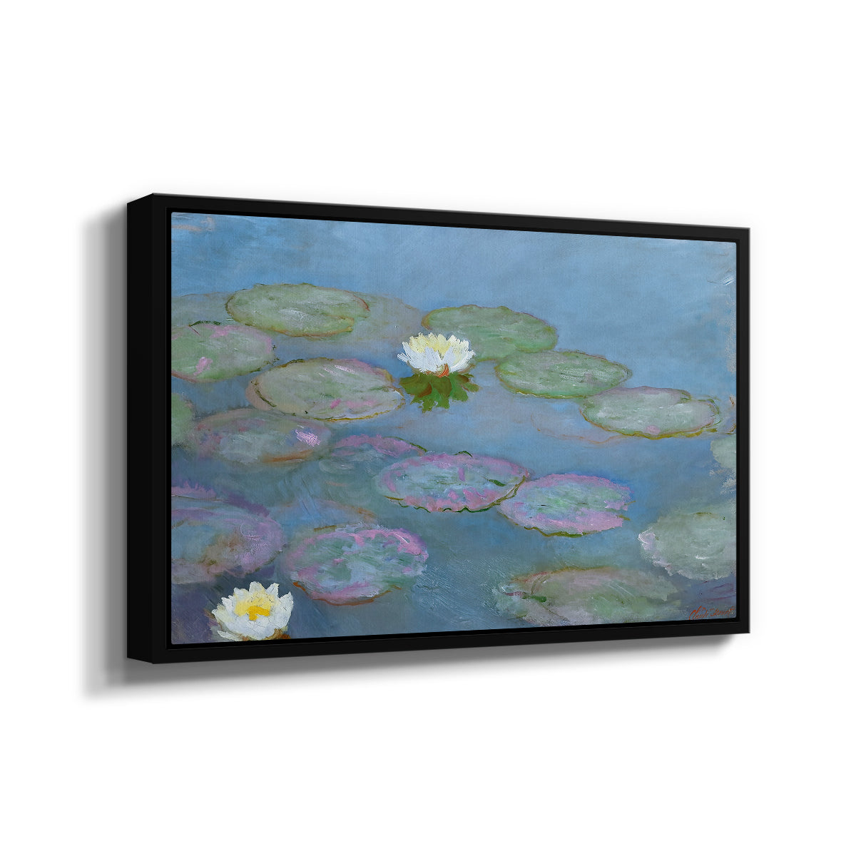 Angled view of Water Lilies (Nymphéas), 1897-1899 by Claude Monet in a black floater framed canvas.
