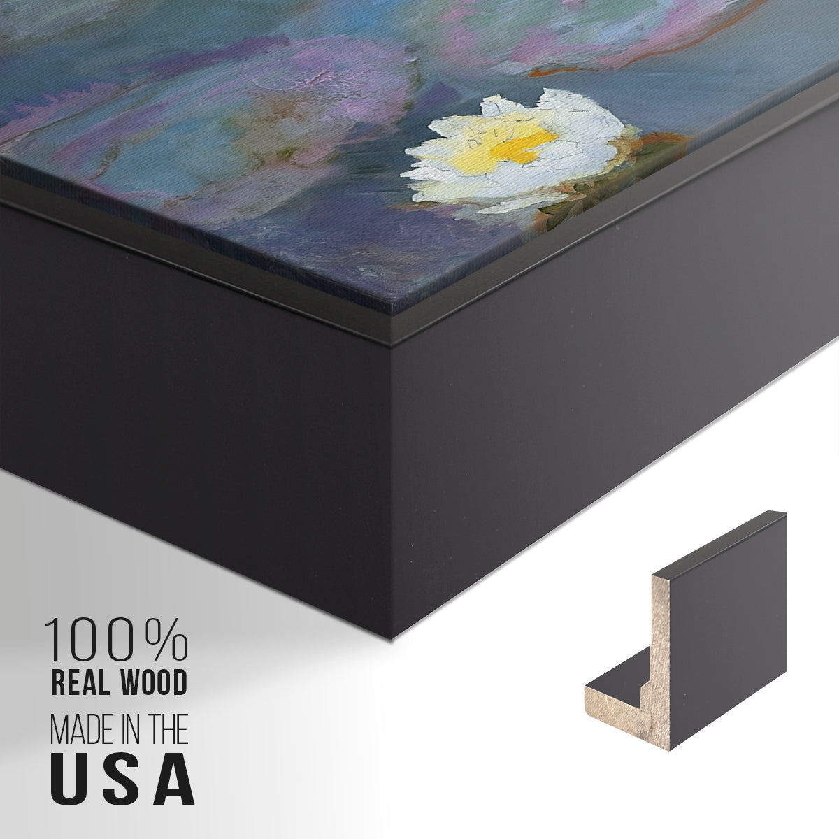 Close-up of the black floater frame corner and gallery wrapped canvas construction.