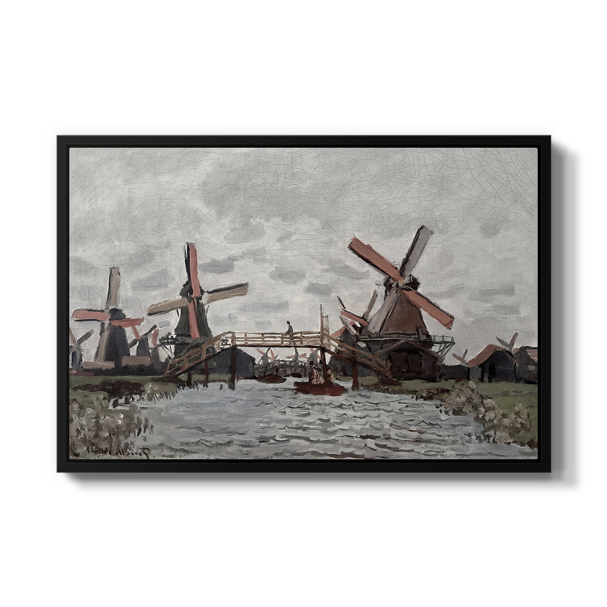 Windmills near Zaandam, 1871 by Claude Monet in a black floater framed canvas wall art display.
