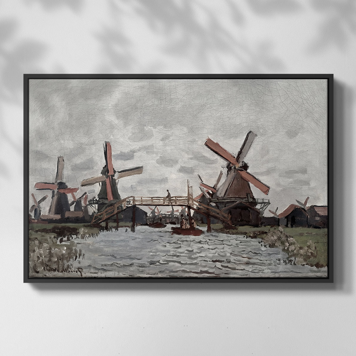 Front view of Windmills near Zaandam, 1871 by Claude Monet in a black floater framed canvas.