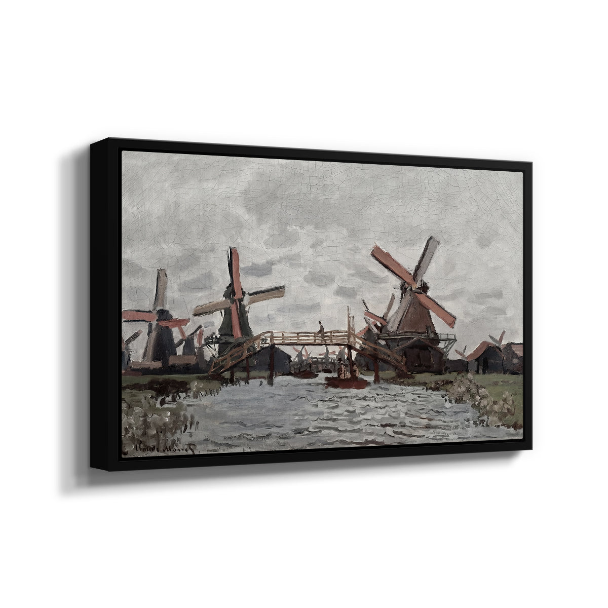 Angled view of Windmills near Zaandam, 1871 by Claude Monet in a black floater framed canvas.