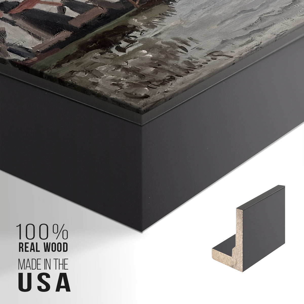Close-up of the black floater frame corner and gallery wrapped canvas construction.