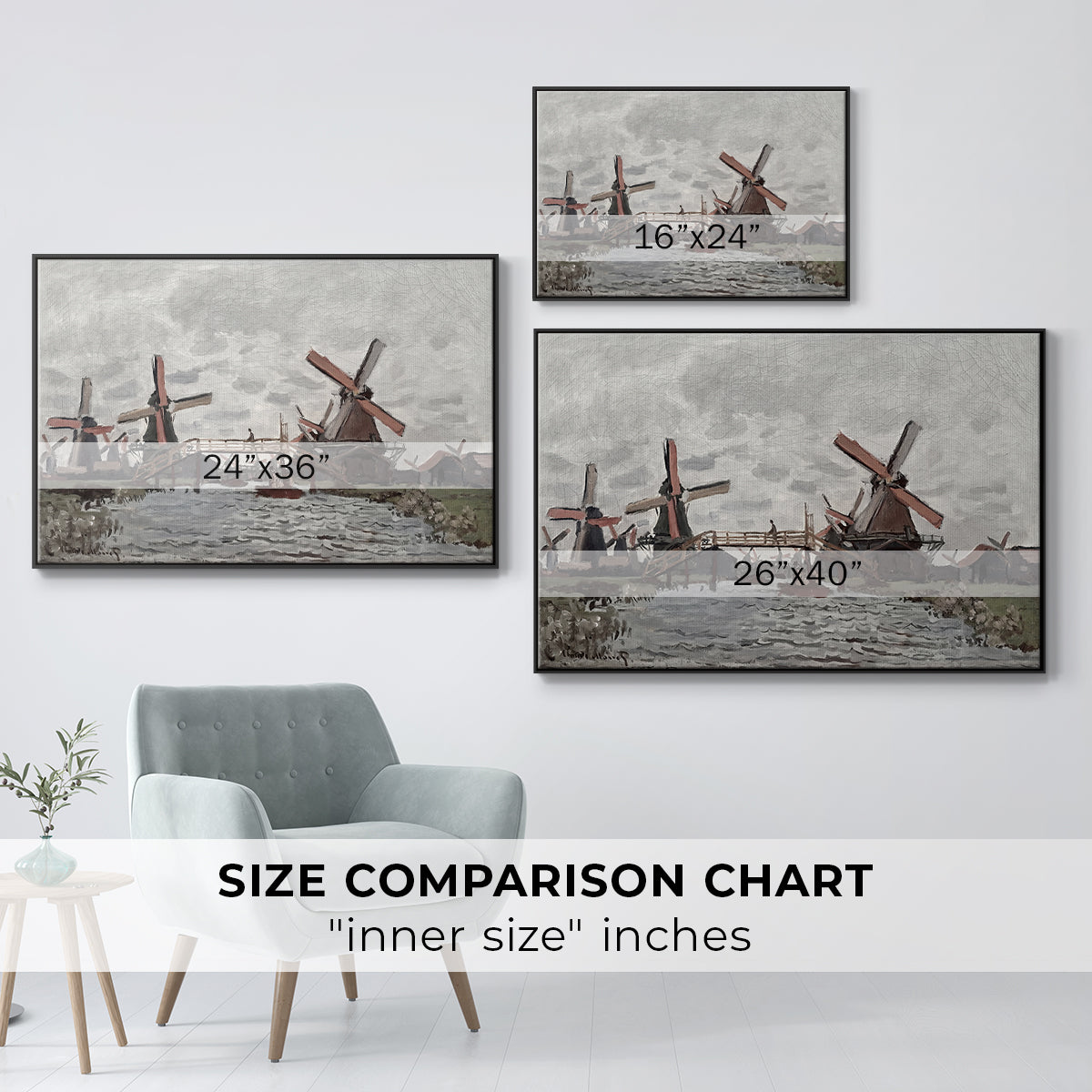 Size comparison chart for black floater framed canvas featuring Windmills near Zaandam, 1871 by Claude Monet.