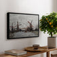 Windmills near Zaandam, 1871 by Claude Monet, presented in a black floater framed canvas featuring windmills standing beside water under open sky in rural landscape, displayed above a hallway console table.