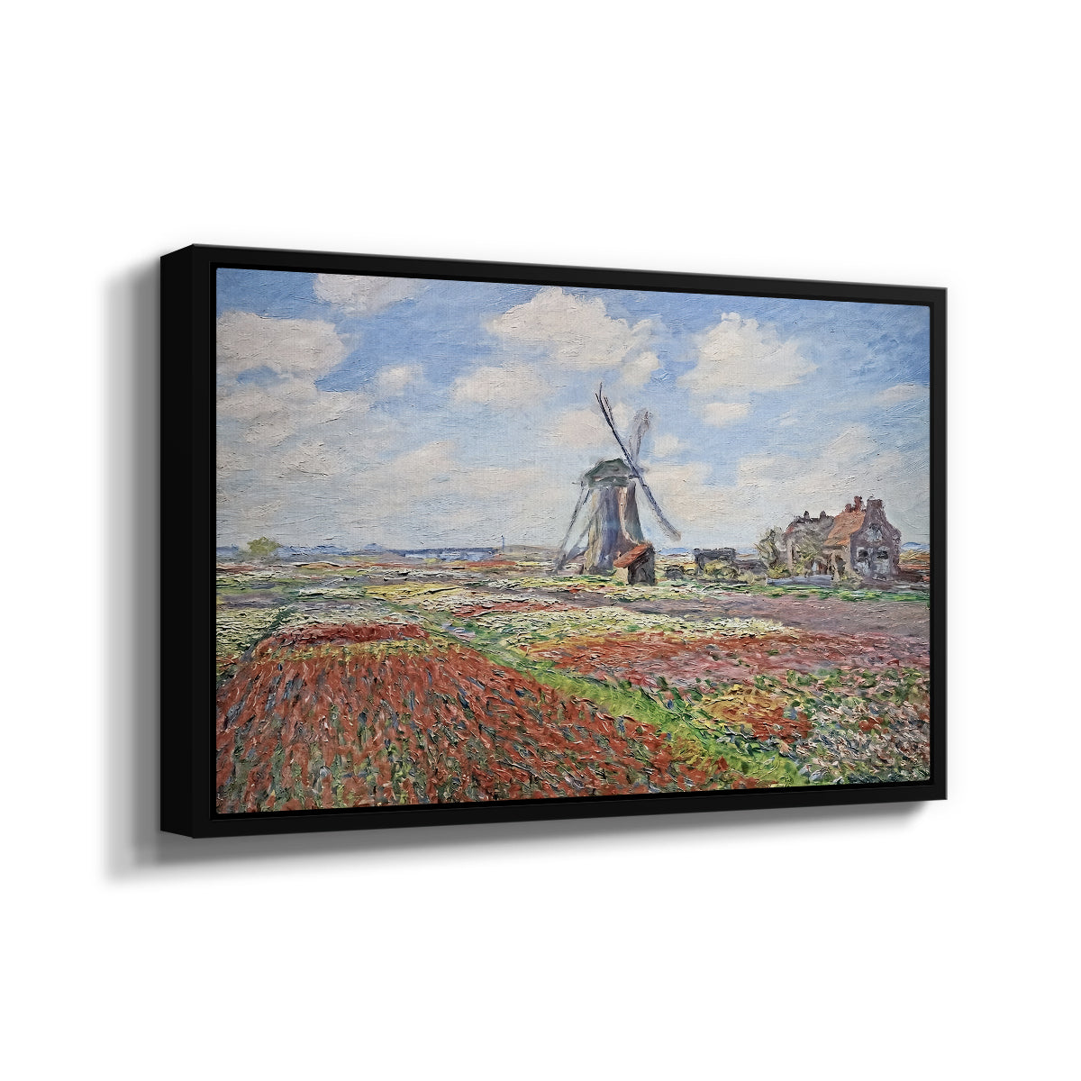 Angled view of Tulip Fields with the Rijnsburg Windmill, 1886 by Claude Monet in a black floater framed canvas.