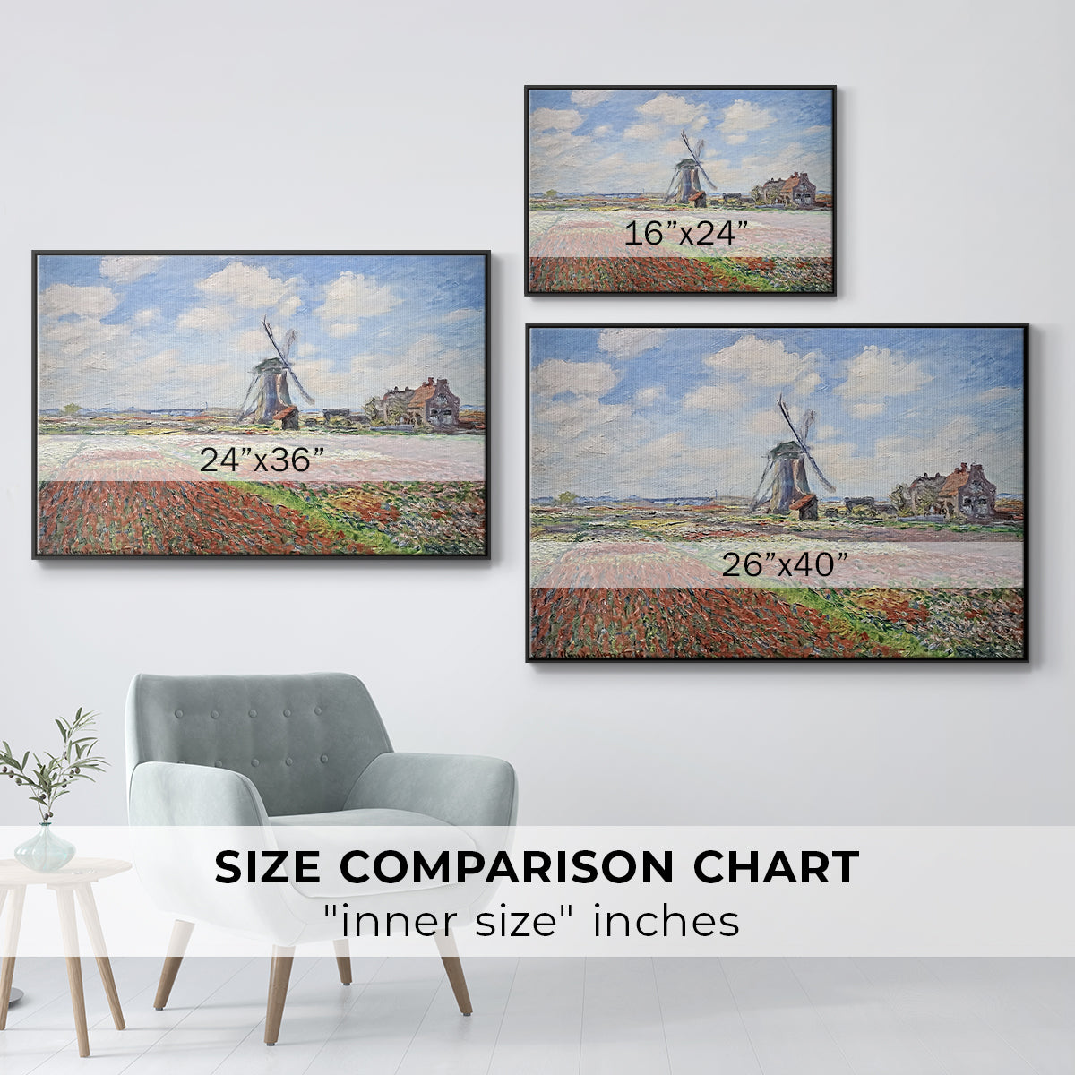 Size comparison chart for black floater framed canvas featuring Tulip Fields with the Rijnsburg Windmill, 1886 by Claude Monet.